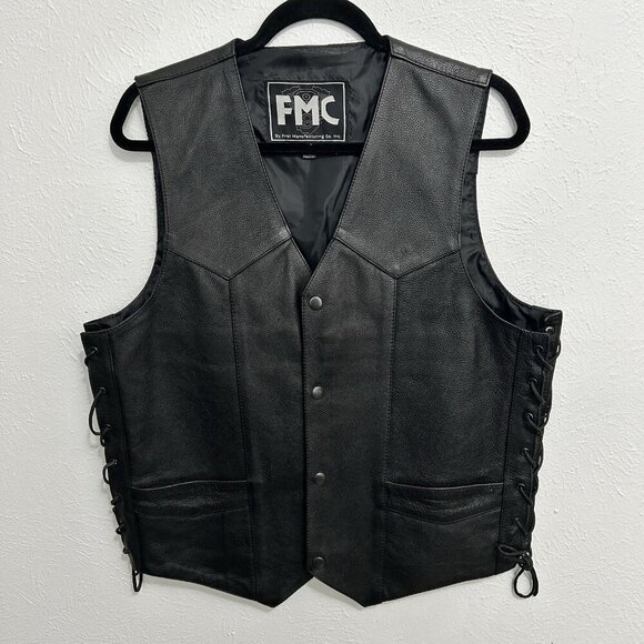 FMC Black Leather Biker Vest Men's Sz 40 Black Lace Up Sides Pockets Snap Button - Picture 1 of 12